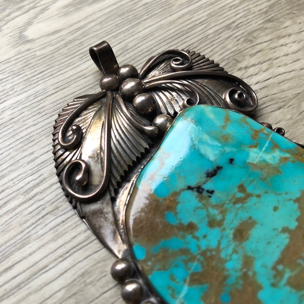 HUGE Vintage Navajo Kingman Turquoise 925 Sterling Silver Pendant Statemnt Piece - Picture 8 of 17